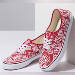Vans Red White All Over Logo
Lace Up Casual Sneakers Men's
Size 9 Women's 11